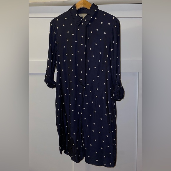 HOBBS LONDON // “Marci” Polka Dot Navy Blue Pullover Shirt Dress roll-up sleeves - Picture 3 of 11